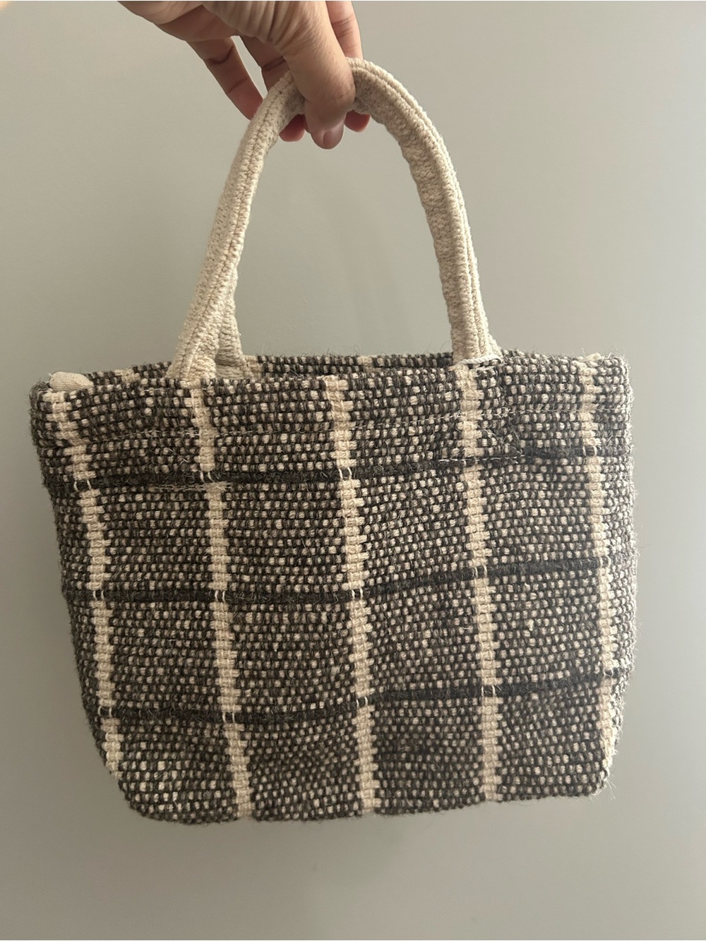 Woven Check Tote Bag in Cream and Charcoal